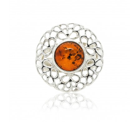 Bague Gladys, Ambre cognac et Argent 925.