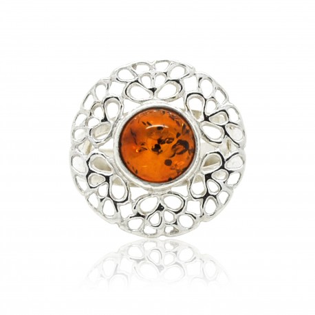 Bague Gladys, Ambre cognac et Argent 925.