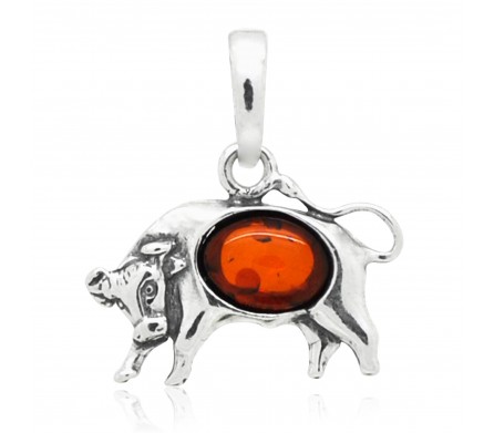 Pendentif Taureau, Ambre cognac et Argent