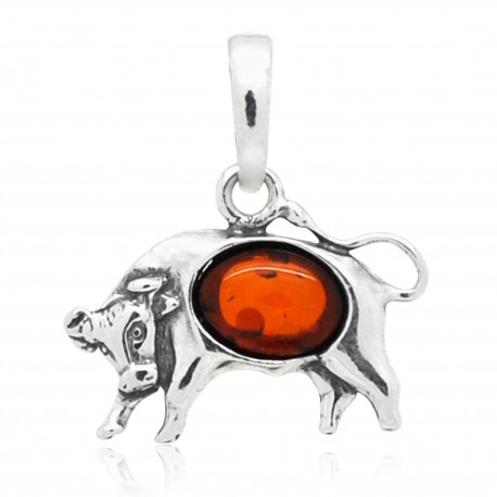 Pendentif Taureau, Ambre cognac et Argent