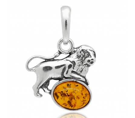 Pendentif Lion, Ambre cognac et Argent