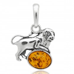 Pendentif Lion, Ambre cognac et Argent